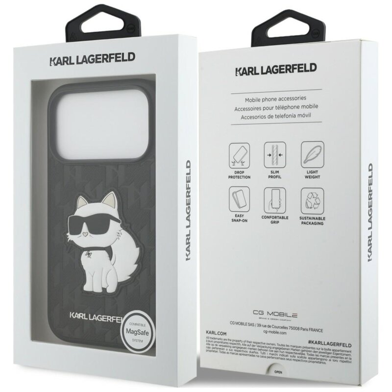 Husa originala iPhone 18 Pro Karl Lagerfeld Saffiano Mono Patch Choupette, negru, KLHCP18LSAKHPCK