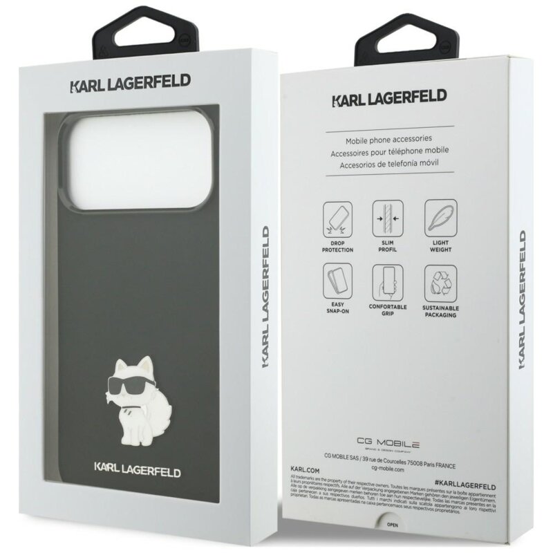 Husa Karl Lagerfeld iPhone 18 Pro Max Silicone Choupette Metal Pin, negru, KLHCP18XSMHCNPK