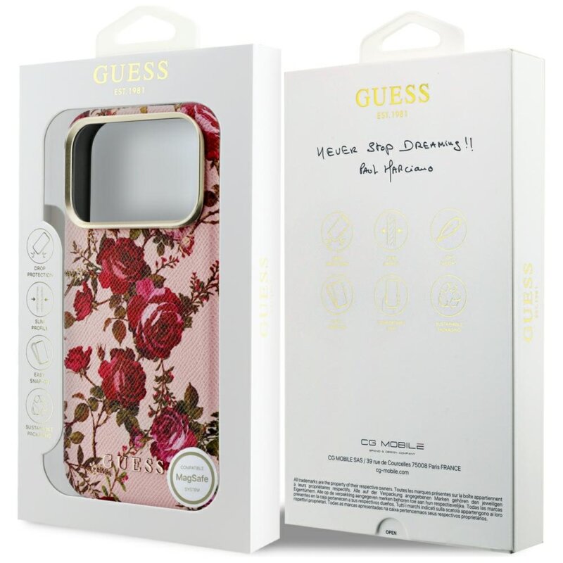 Husa originala Guess iPhone 18 Pro Blossom Roses Print MagSafe, roz, GUHMP18L6PWGTBEP
