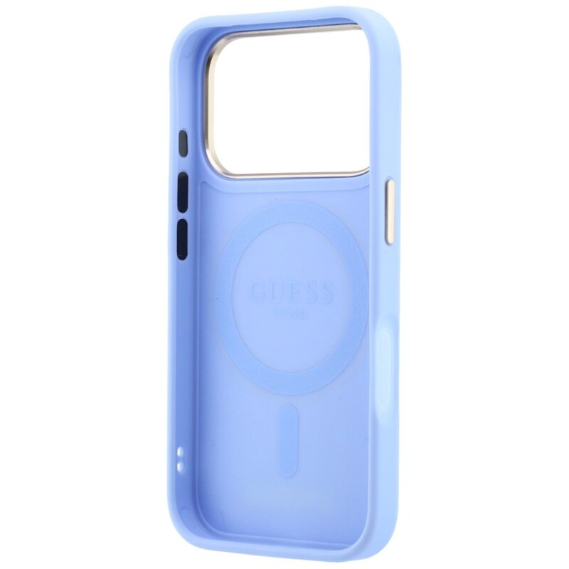 Husa iPhone 18 Pro Guess Grained Leather Ring Stand 360 Classic Logo MagSafe, bleu, GUHMP18L6PSGRSCLB