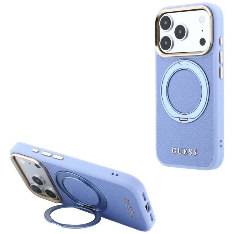 Husa iPhone 18 Pro Max Guess Grained Leather Ring Stand 360 Classic Logo MagSafe, bleu, GUHMP18X6PSGRSCLB