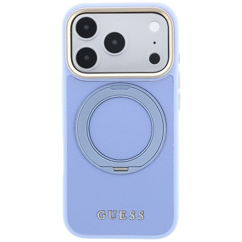 Husa iPhone 18 Pro Max Guess Grained Leather Ring Stand 360 Classic Logo MagSafe, bleu, GUHMP18X6PSGRSCLB