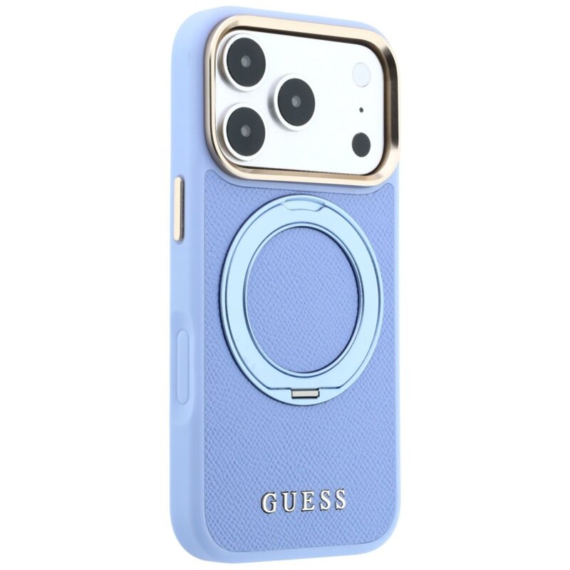Husa iPhone 18 Pro Max Guess Grained Leather Ring Stand 360 Classic Logo MagSafe, bleu, GUHMP18X6PSGRSCLB