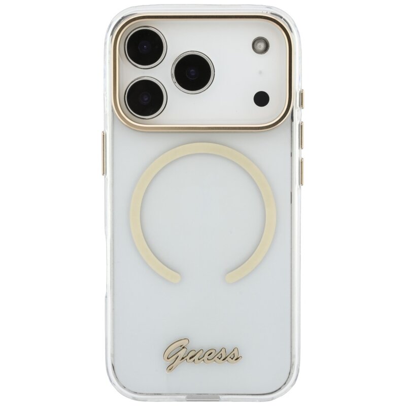 Husa iPhone 18 Pro originala Guess IML Script Metal MagSafe, transparenta, GUHMP18L5HTCSMST