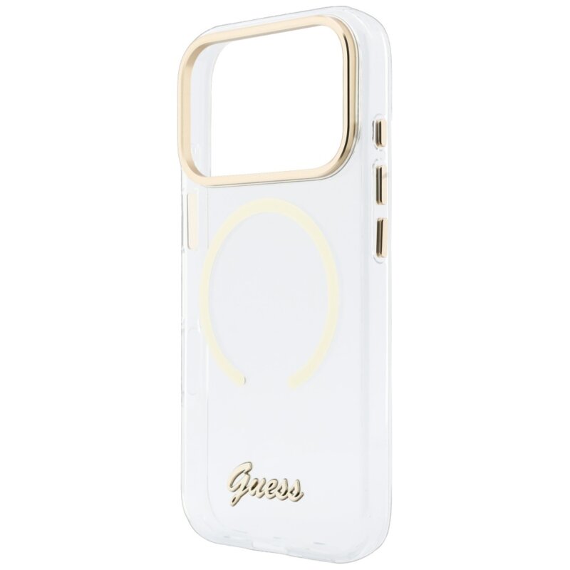 Husa iPhone 18 Pro Max originala Guess IML Script Metal MagSafe, transparenta, GUHMP18X5HTCSMST