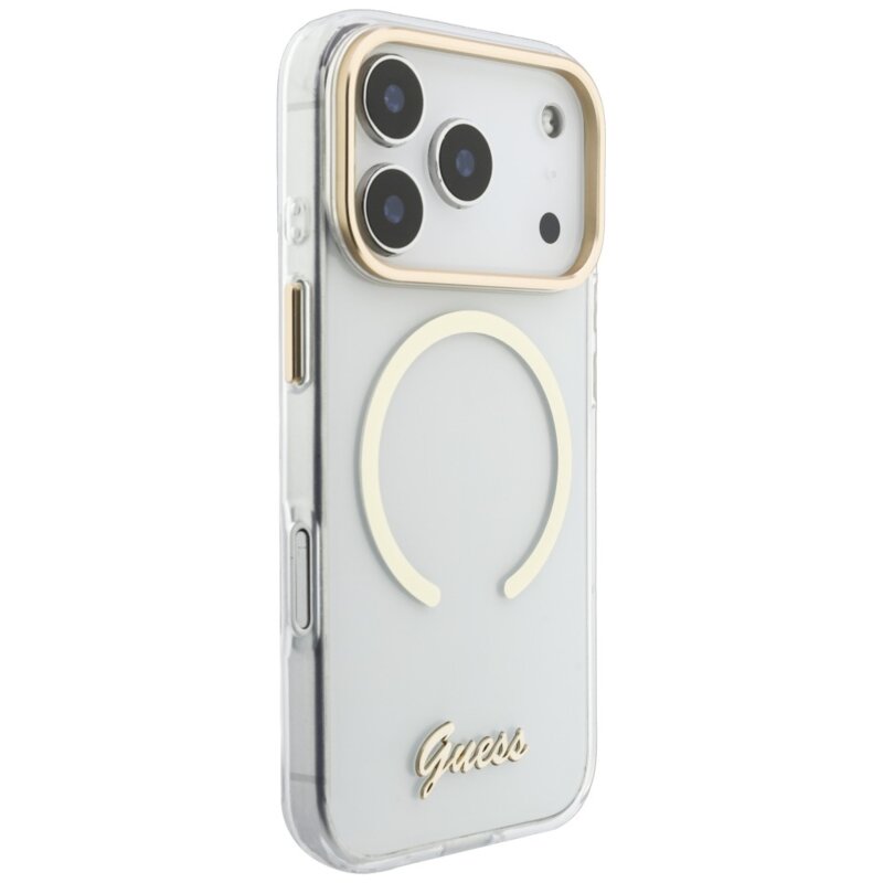 Husa iPhone 17 Pro originala Guess IML Script Metal MagSafe, transparenta, GUHMP18L5HTCSMST