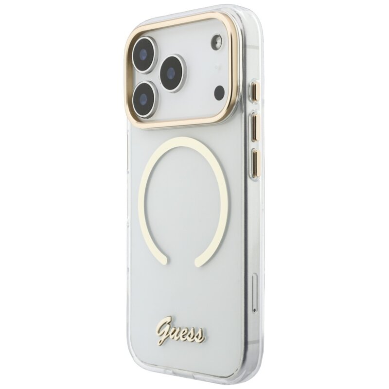 Husa iPhone 17 Pro originala Guess IML Script Metal MagSafe, transparenta, GUHMP18L5HTCSMST