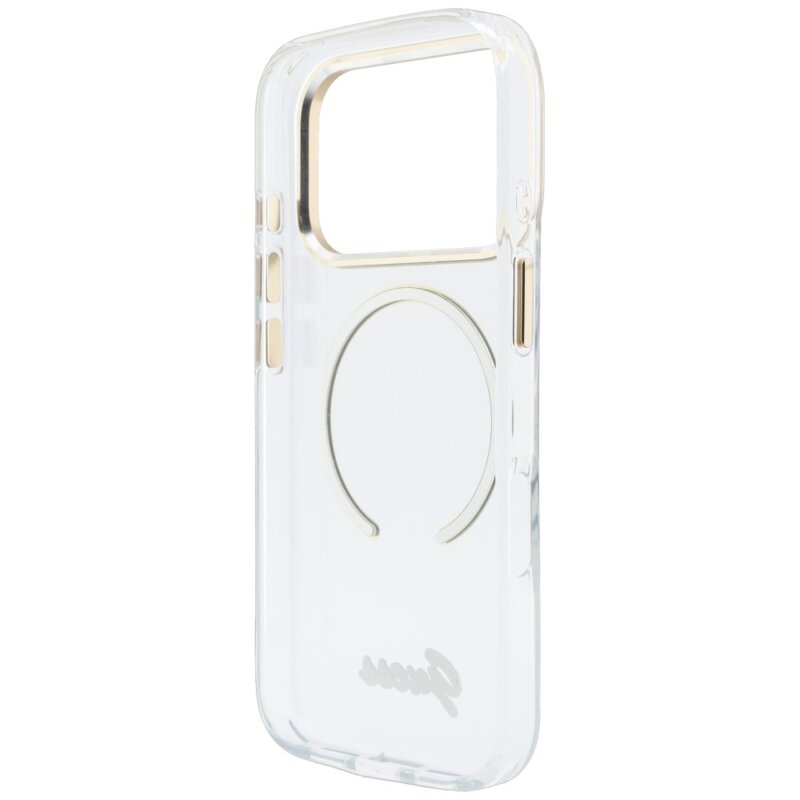 Husa iPhone 17 Pro originala Guess IML Script Metal MagSafe, transparenta, GUHMP18L5HTCSMST