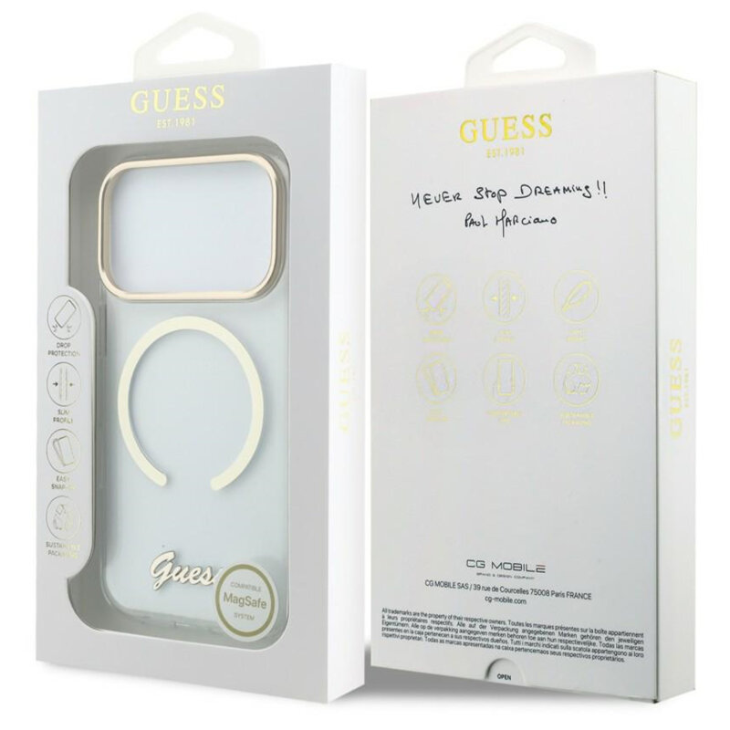 Husa iPhone 17 Pro originala Guess IML Script Metal MagSafe, transparenta, GUHMP18L5HTCSMST