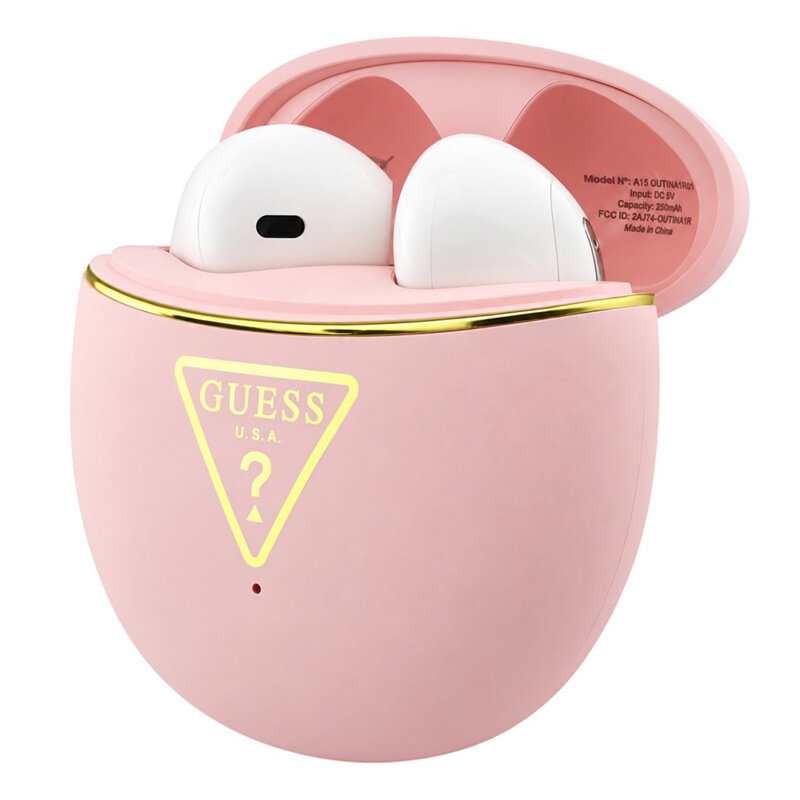 Casti Bluetooth TWS Guess Script Print, roz, GUTWSA15HETP