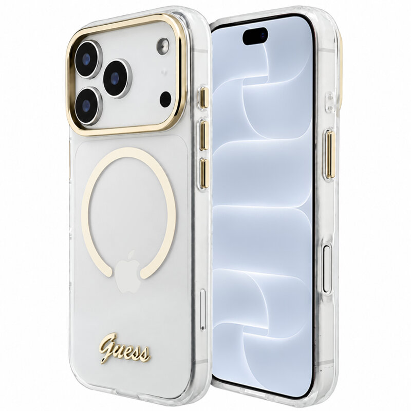 Husa iPhone 18 Pro originala Guess IML Script Metal MagSafe, transparenta, GUHMP18L5HTCSMST