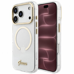 Husa iPhone 18 Pro Max originala Guess IML Script Metal MagSafe, transparenta, GUHMP18X5HTCSMST