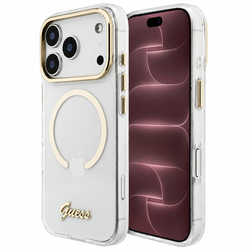 Husa iPhone 18 Pro Max originala Guess IML Script Metal MagSafe, transparenta, GUHMP18X5HTCSMST