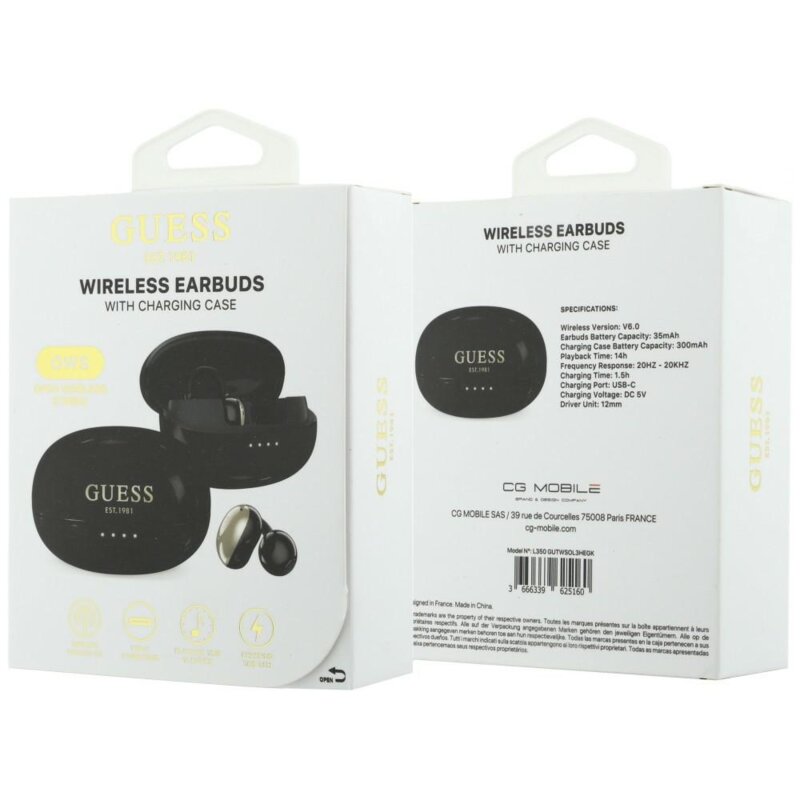 Casti wireless Bleuetooth 5.4, 300mAh Guess Metalic Finish, negru