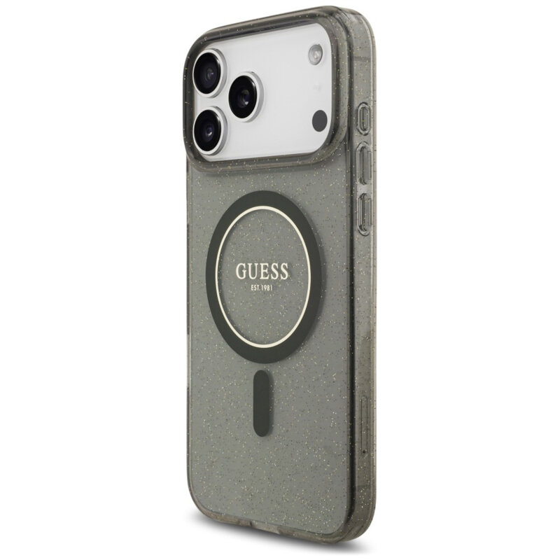Husa iPhone 18 Pro originala Guess IML Glitter with Pearl Strap MagSafe, negru, GUHMP18LHGCRELSK
