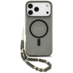 Husa iPhone 17 Pro originala Guess IML Glitter with Pearl Strap MagSafe, negru, GUHMP18LHGCRELSK