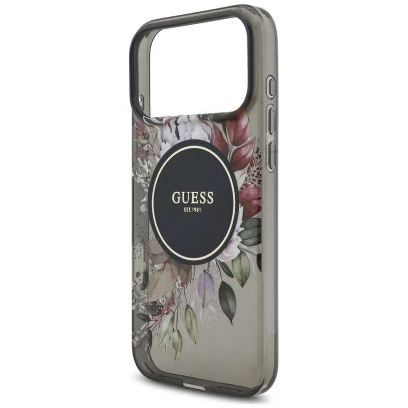 Husa iPhone 18 Pro originala Guess IML Flowers with Pearl Strap MagSafe, negru, GUHMP18LHFWBRCESK
