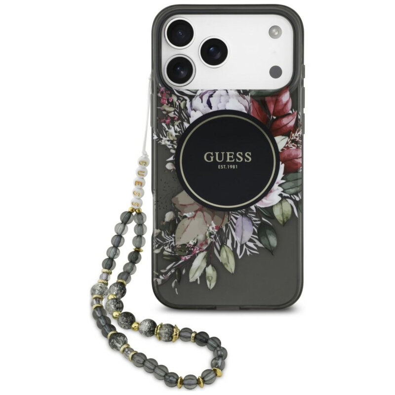 Husa iPhone 18 Pro Max originala Guess IML Flowers with Pearl Strap MagSafe, negru, GUHMP18XHFWBRCESK