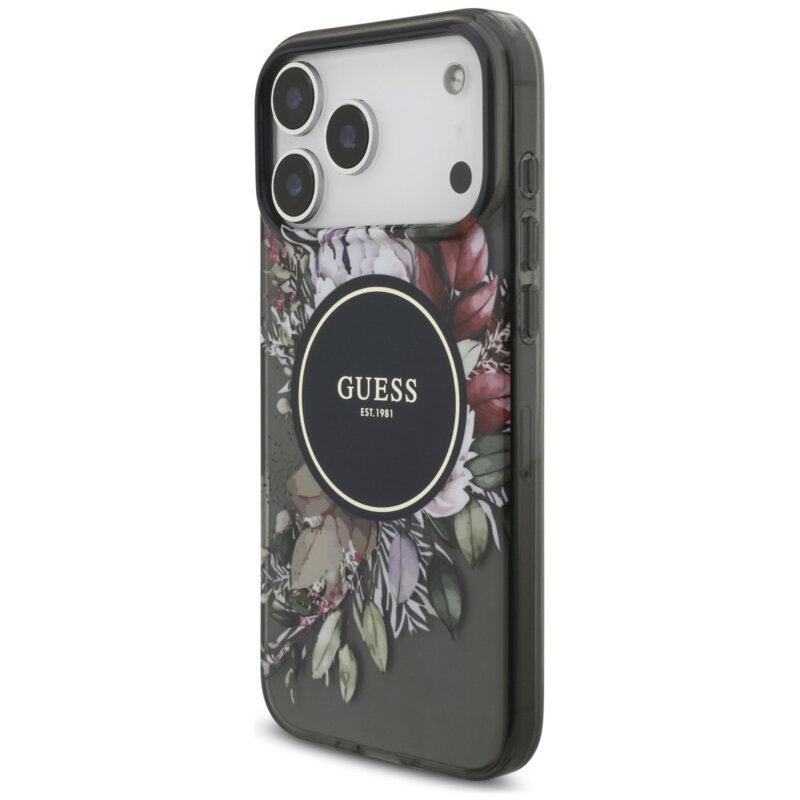 Husa iPhone 18 Pro Max originala Guess IML Flowers with Pearl Strap MagSafe, negru, GUHMP18XHFWBRCESK
