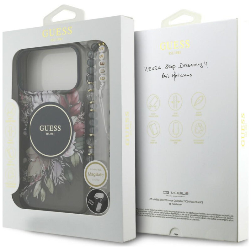 Husa iPhone 18 Pro Max originala Guess IML Flowers with Pearl Strap MagSafe, negru, GUHMP18XHFWBRCESK