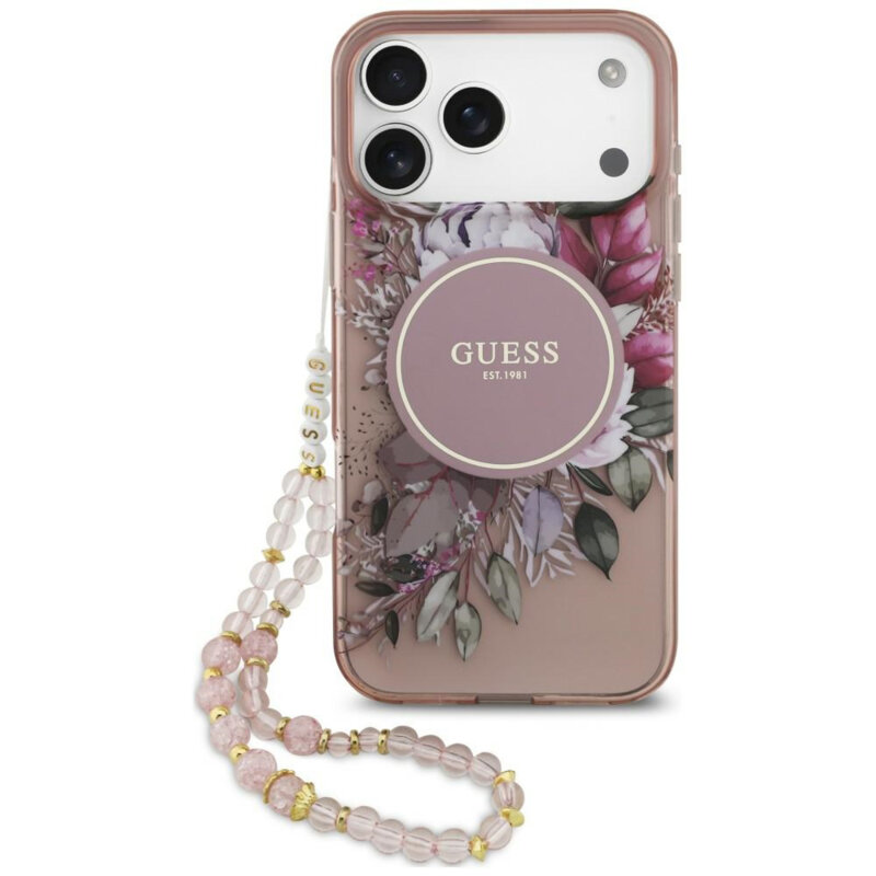 Husa iPhone 18 Pro originala Guess IML Flowers with Pearl Strap MagSafe, roz, GUHMP18LHFWBRCESP