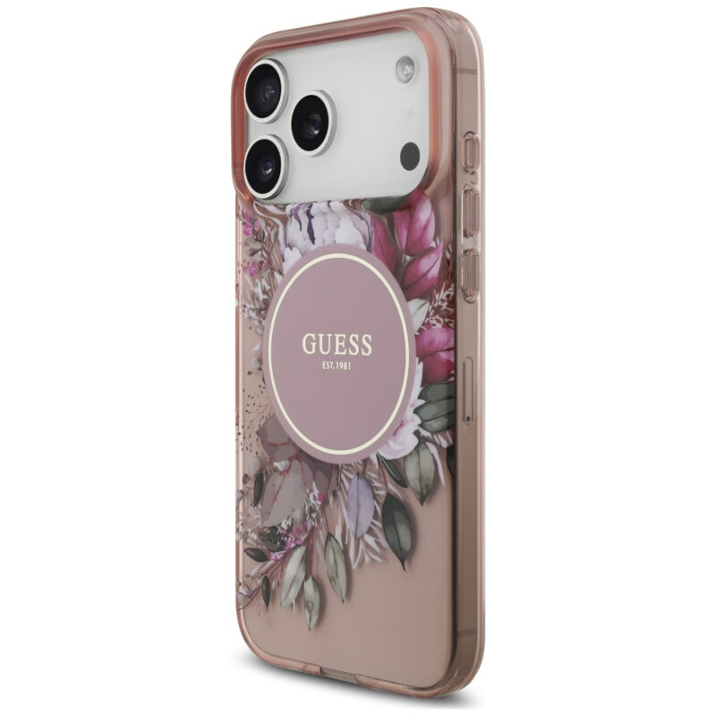 Husa iPhone 18 Pro originala Guess IML Flowers with Pearl Strap MagSafe, roz, GUHMP18LHFWBRCESP