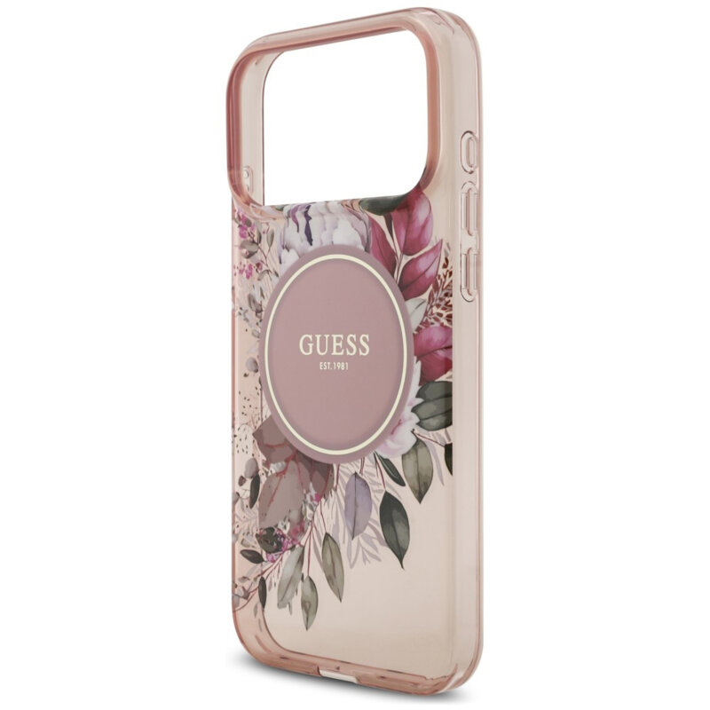 Husa iPhone 18 Pro Max originala Guess IML Flowers with Pearl Strap MagSafe, roz, GUHMP18XHFWBRCESP