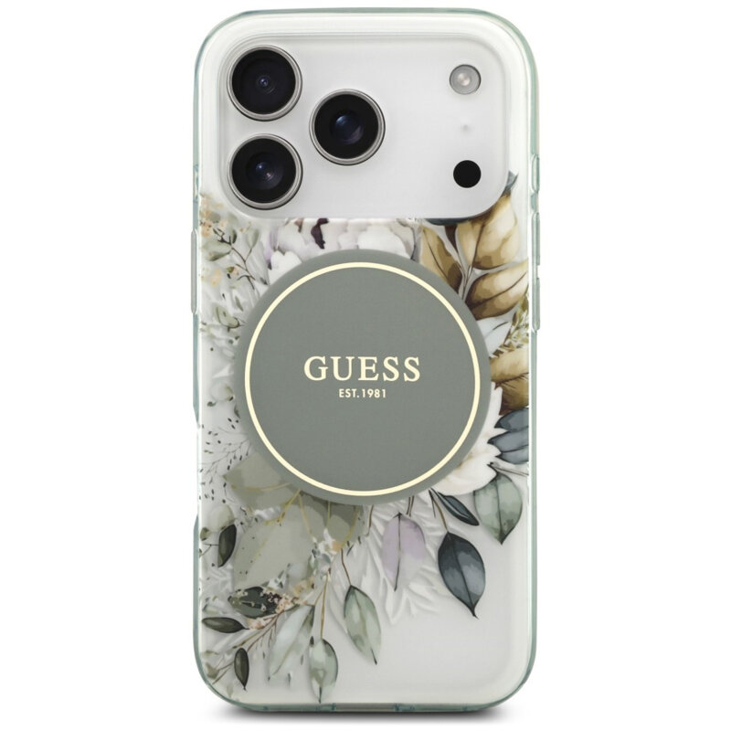 Husa iPhone 18 Pro Max originala Guess IML Flower & Tonal Circle MagSafe, verde, GUHMP18XHFWBDCEN