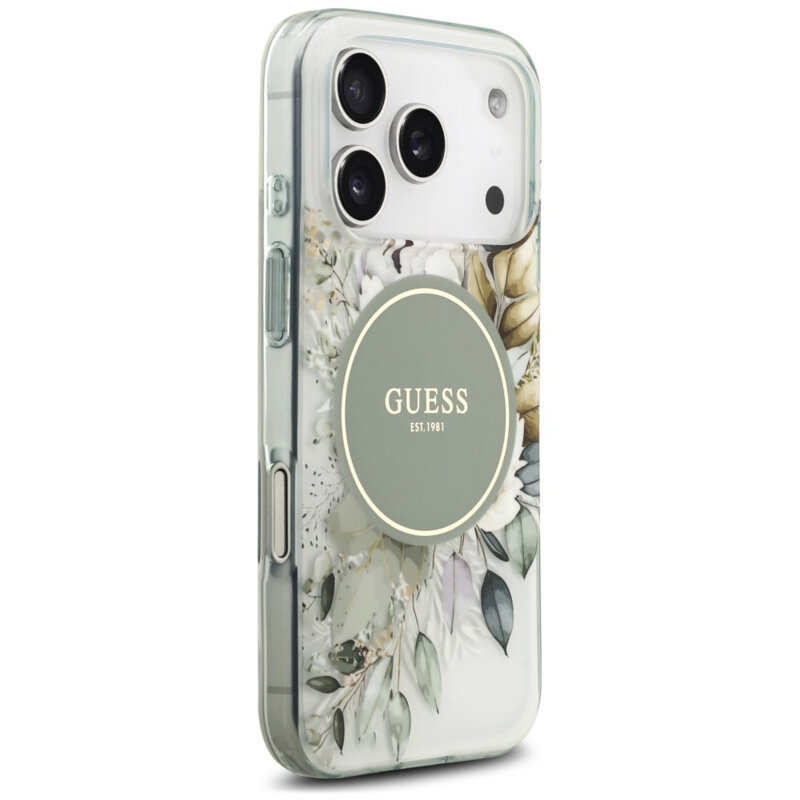 Husa iPhone 18 Pro Max originala Guess IML Flower & Tonal Circle MagSafe, verde, GUHMP18XHFWBDCEN