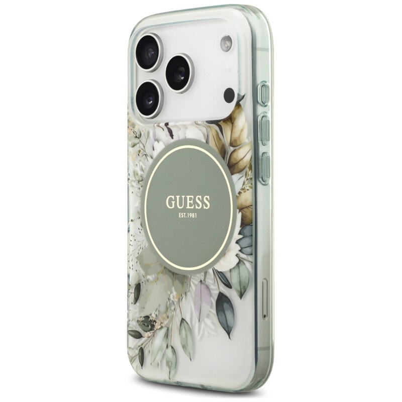 Husa iPhone 18 Pro Max originala Guess IML Flower & Tonal Circle MagSafe, verde, GUHMP18XHFWBDCEN