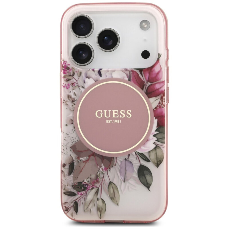 Husa iPhone 18 Pro originala Guess IML Flower & Tonal Circle MagSafe, roz, GUHMP18LHFWBDCEP