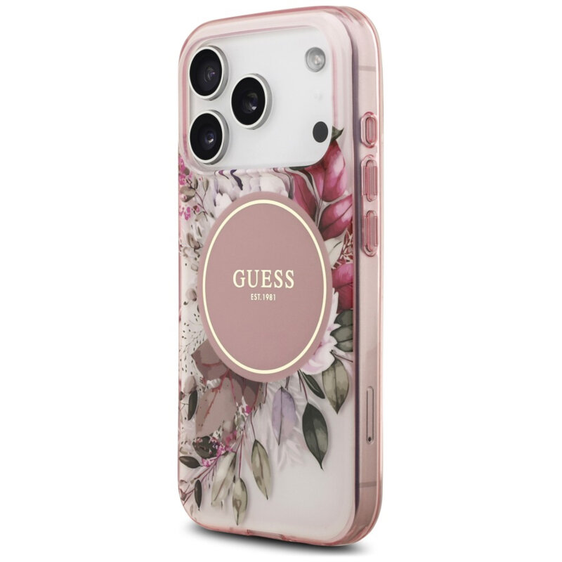 Husa iPhone 17 Pro originala Guess IML Flower & Tonal Circle MagSafe, roz, GUHMP18LHFWBDCEP