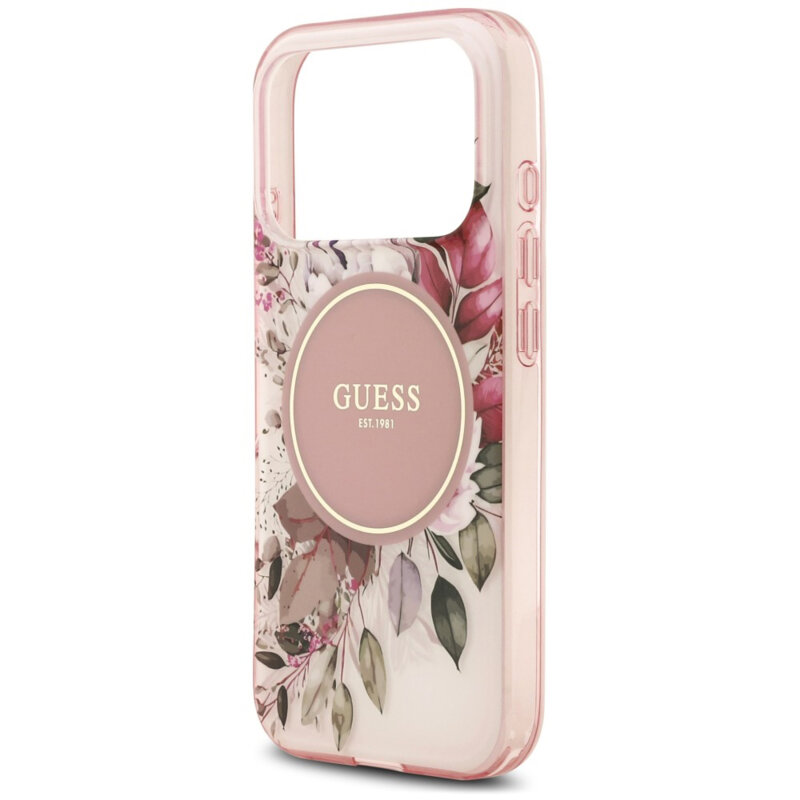 Husa iPhone 17 Pro Max originala Guess IML Flower & Tonal Circle MagSafe, roz, GUHMP18XHFWBDCEP