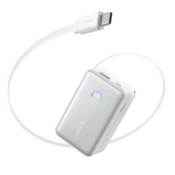 Baterie externa 10000mAh cu cablu USB-C Anker Nano, 45W, alb,