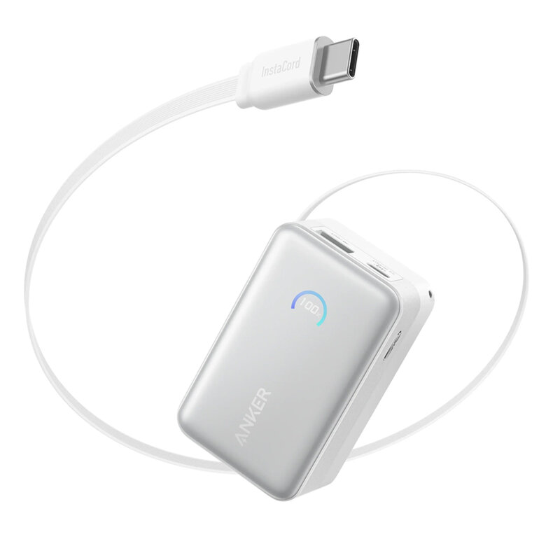 Baterie externa 10000mAh cu cablu USB-C Anker Nano, 45W, alb,