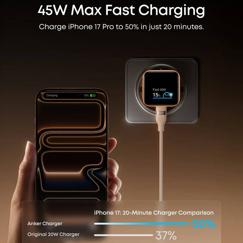 Incarcator tip C cu afisaj color, 2 moduri, 45W Anker Nano, alb