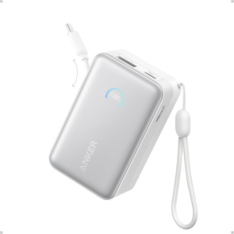Baterie externa 10000mAh cu cablu USB-C Anker Nano, 45W, alb,