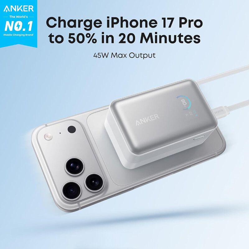 Baterie externa 10000mAh cu cablu USB-C Anker Nano, 45W, alb,