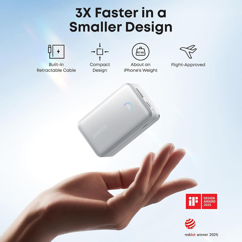 Baterie externa 10000mAh cu cablu USB-C Anker Nano, 45W, alb,