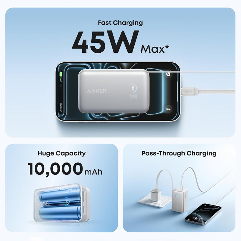 Baterie externa 10000mAh cu cablu USB-C Anker Nano, 45W, alb,