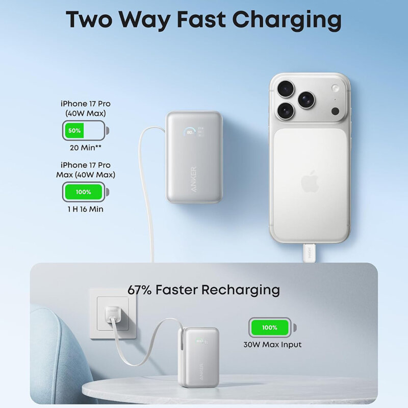 Baterie externa 10000mAh cu cablu USB-C Anker Nano, 45W, alb,