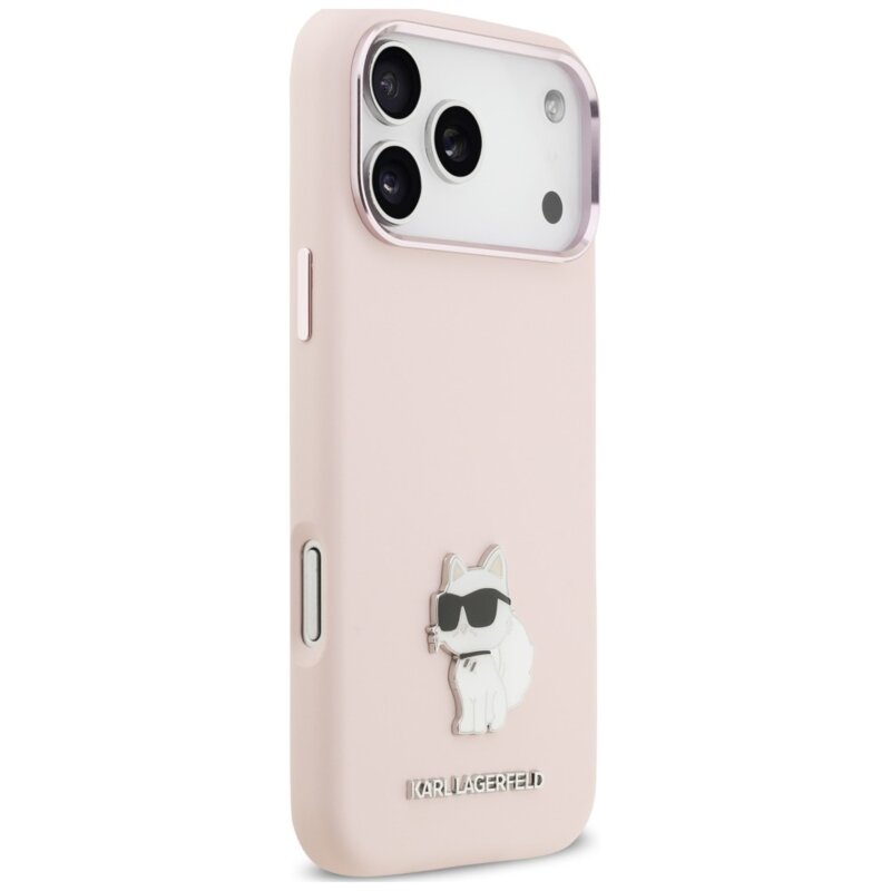 Husa Karl Lagerfeld iPhone 17 Pro Max Silicone Choupette Metal Pin, roz, KLHCP18XSMHCNPP