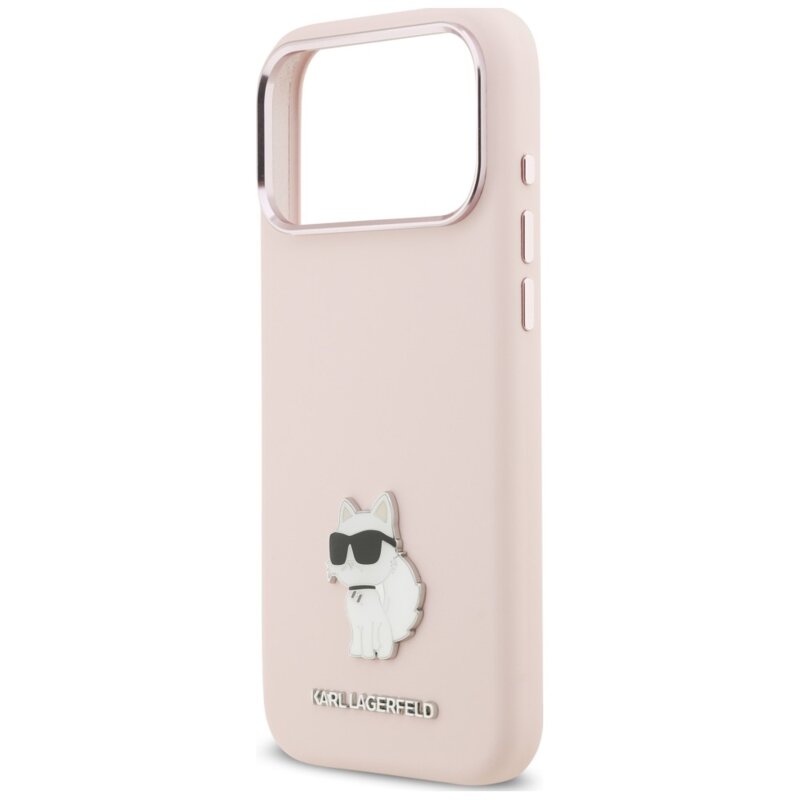 Husa Karl Lagerfeld iPhone 17 Pro Max Silicone Choupette Metal Pin, roz, KLHCP18XSMHCNPP