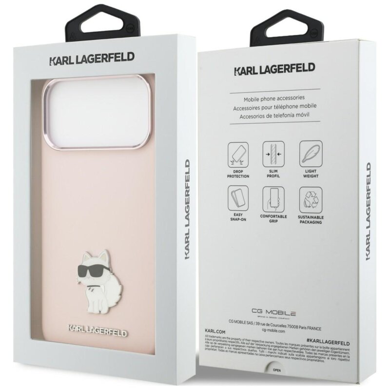 Husa Karl Lagerfeld iPhone 17 Pro Max Silicone Choupette Metal Pin, roz, KLHCP18XSMHCNPP
