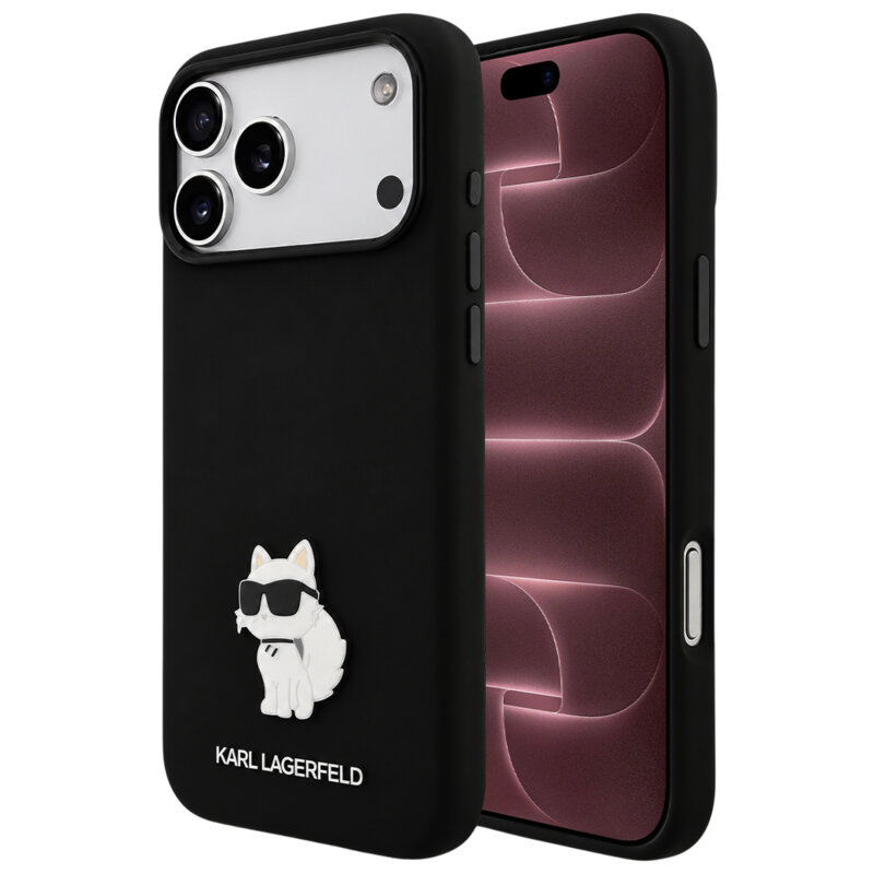 Husa Karl Lagerfeld iPhone 18 Pro Max Silicone Choupette Metal Pin, negru, KLHCP18XSMHCNPK