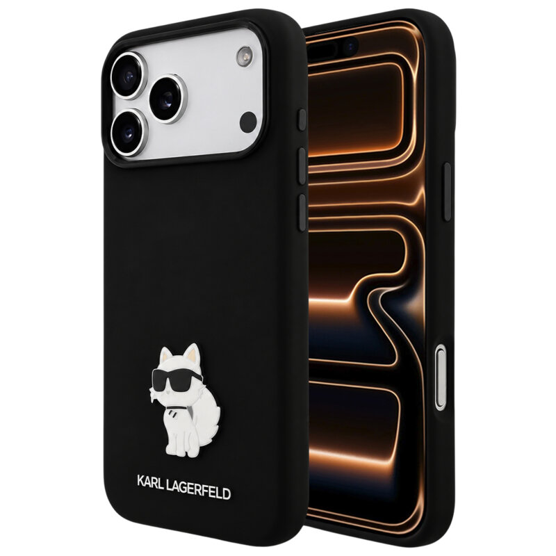 Husa Karl Lagerfeld iPhone 17 Pro Max Silicone Choupette Metal Pin, negru, KLHCP18XSMHCNPK