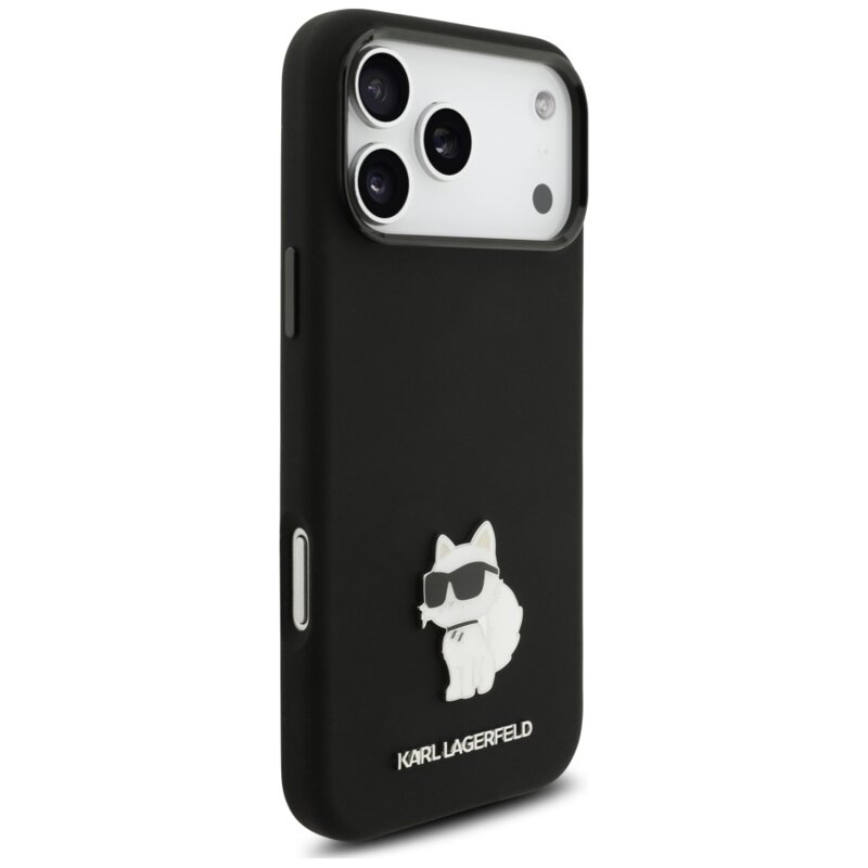 Husa Karl Lagerfeld iPhone 17 Pro Max Silicone Choupette Metal Pin, negru, KLHCP18XSMHCNPK