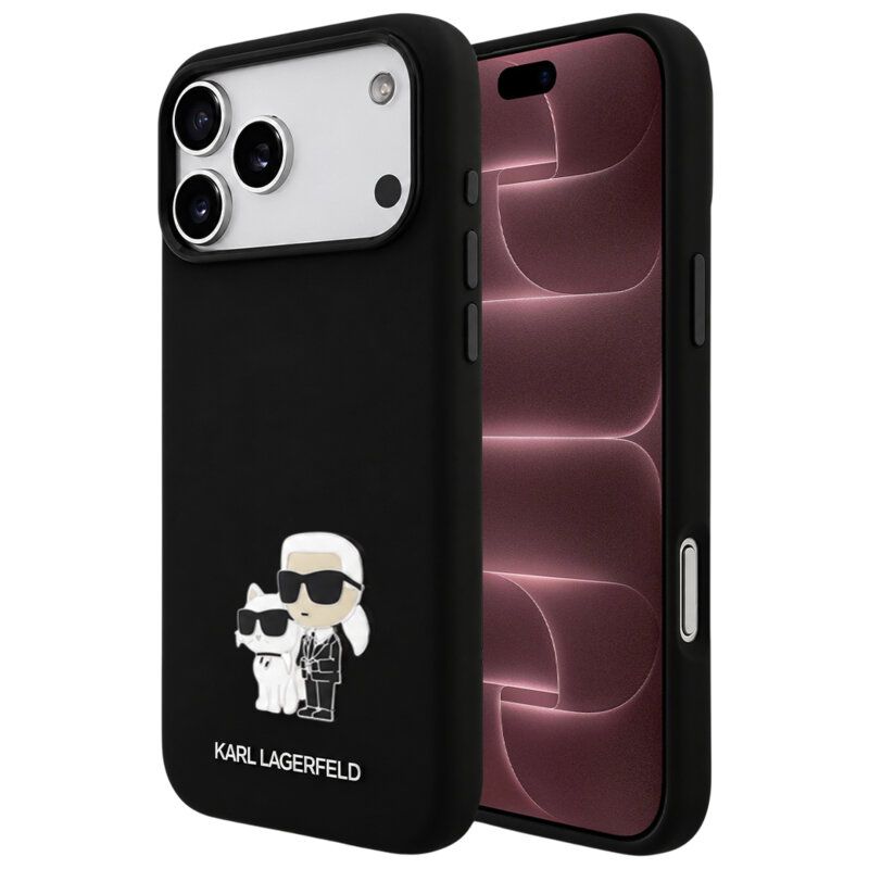 Husa Karl Lagerfeld iPhone 18 Pro Max Silicone Karl & Choupette Metal Pin, negru, KLHCP18XSMHKCNPK