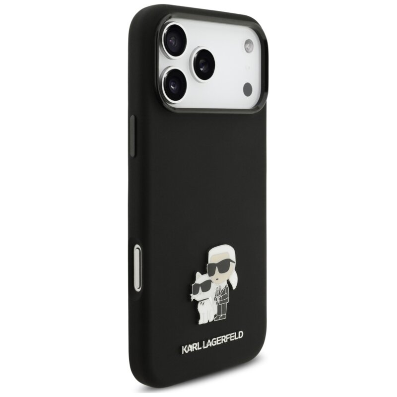 Husa Karl Lagerfeld iPhone 17 Pro Max Silicone Karl & Choupette Metal Pin negru, KLHCP18XSMHKCNPK