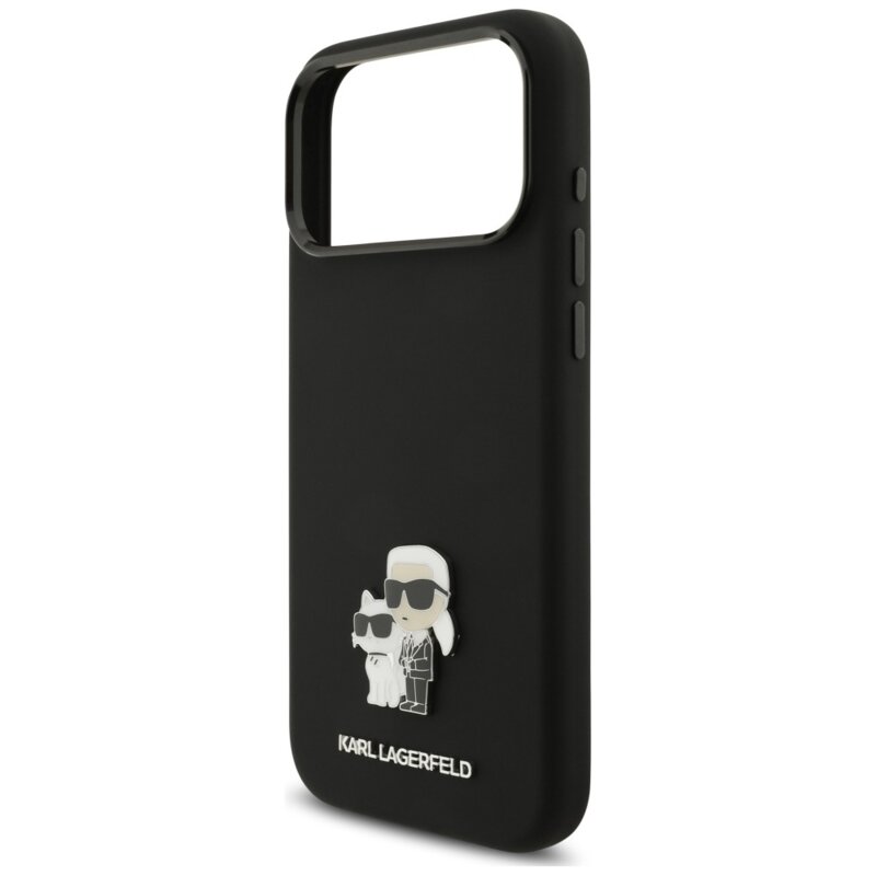 Husa Karl Lagerfeld iPhone 17 Pro Max Silicone Karl & Choupette Metal Pin negru, KLHCP18XSMHKCNPK